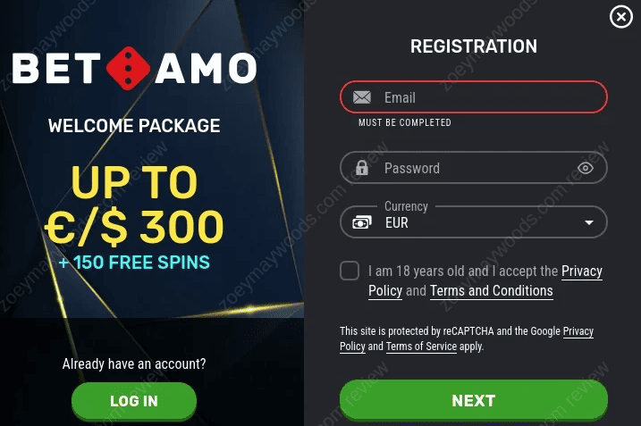 Registration at Betamo casino